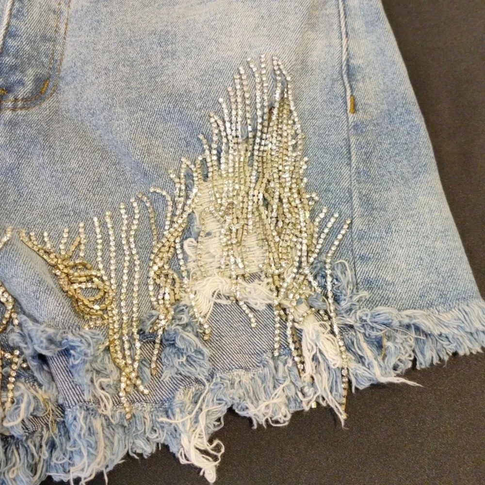 AKIRA Denim shorts Rhinestone fringed.
